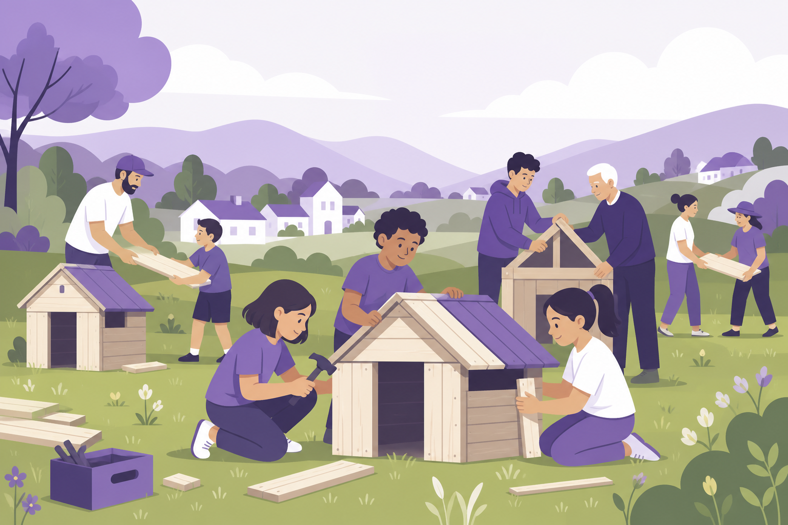 Children building wooden huts together in a meadow while adults look on, a village passing a tradition down through generations