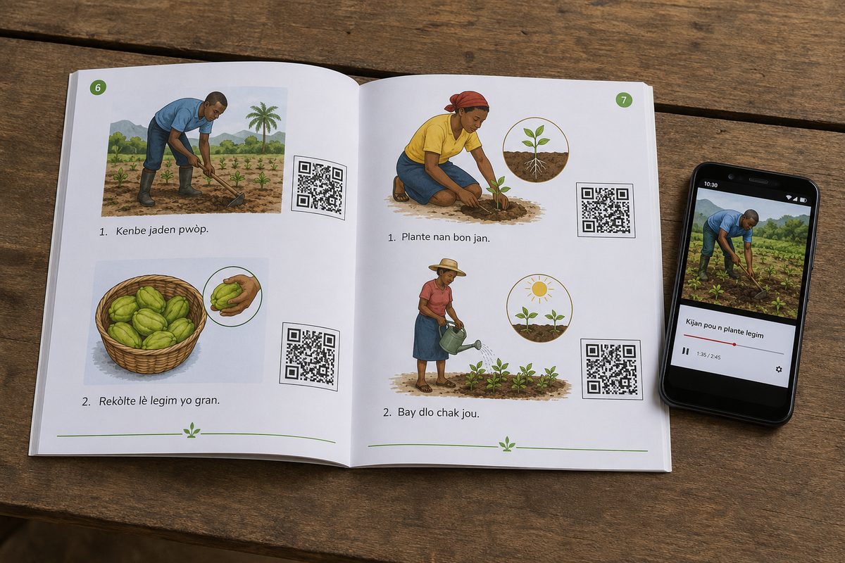Booklet pages with picture-based steps and QR codes linking to audio instruction