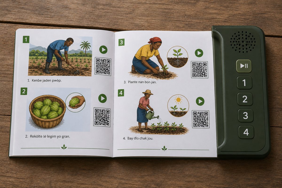 Illustrated Konbit Saradi booklet with a numbered offline audio device