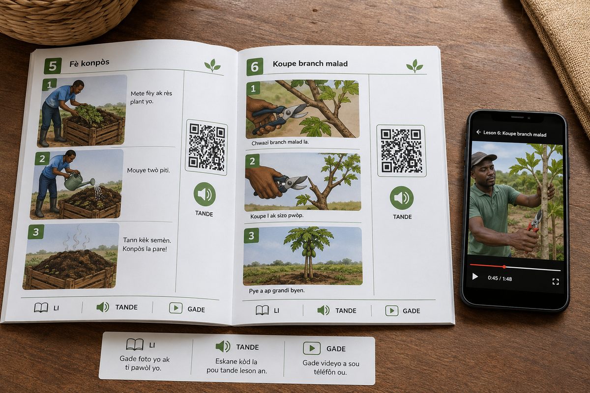 A lesson page with QR codes and a phone playing the matching demonstration video