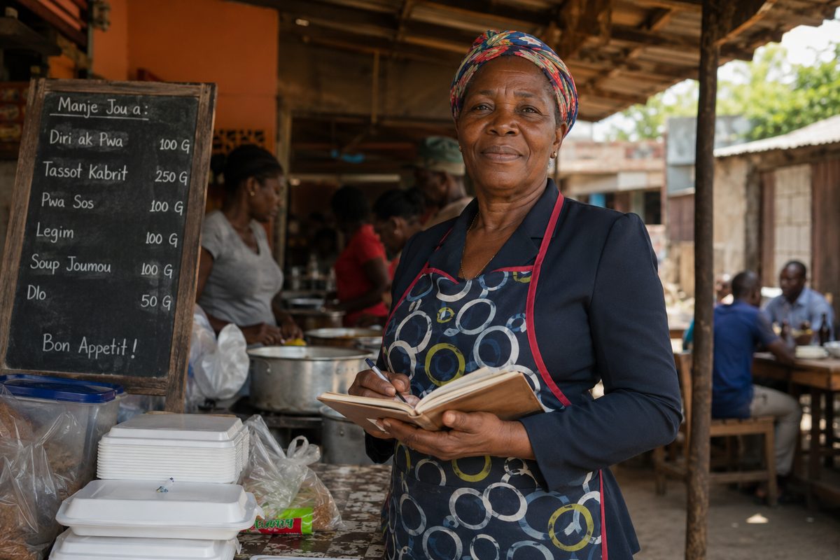 Vendor keeping written records next to her menu board