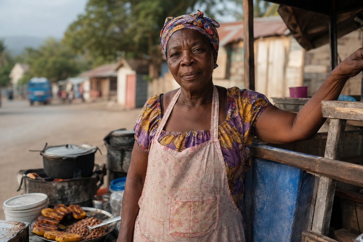 Roadside cooked-food vendor at her stand in the Southern Peninsula