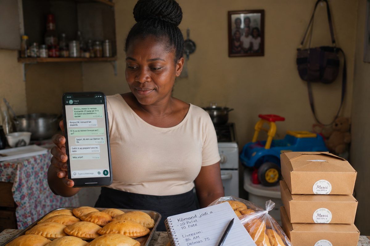 Order-based seller showing a WhatsApp order on her phone beside fresh patties