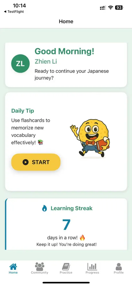 OVERSTEP home screen with daily tip and learning streak